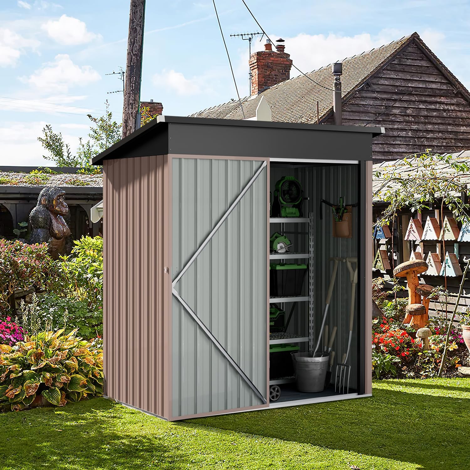 Aoxun 5x2.7 FT Outdoor Metal Storage Shed - Durable Water-Resistant Galvanized Steel, Sloping Roof Design, Lockable Door - Ideal for Tool Storage on Lawn, Patio & Backyard (Black)