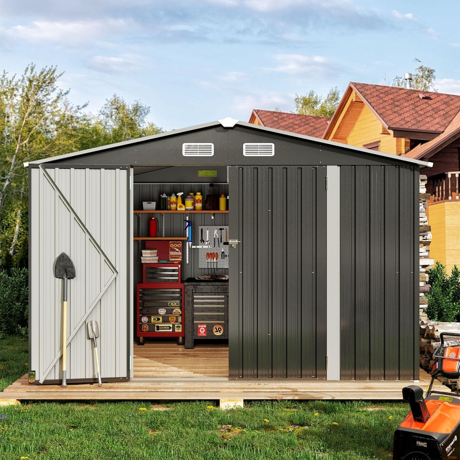 Aoxun 5x2.7 FT Outdoor Metal Storage Shed - Durable Water-Resistant Galvanized Steel, Sloping Roof Design, Lockable Door - Ideal for Tool Storage on Lawn, Patio & Backyard (Black)