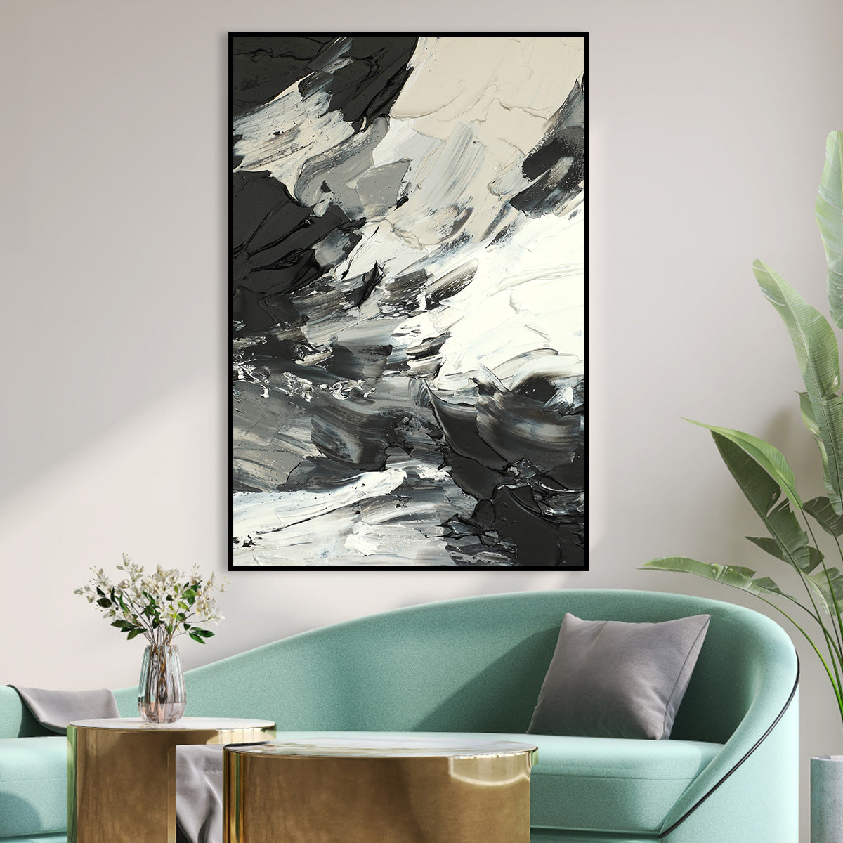 Monochrome Abstract Canvas Art - Black and White Textured Painting