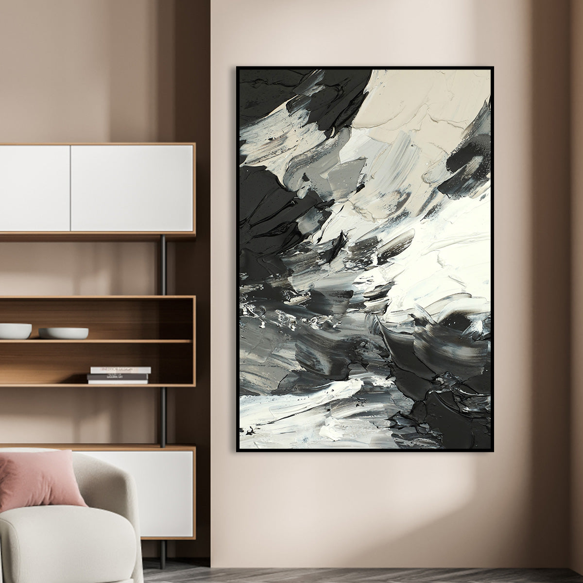 Monochrome Abstract Canvas Art - Black and White Textured Painting