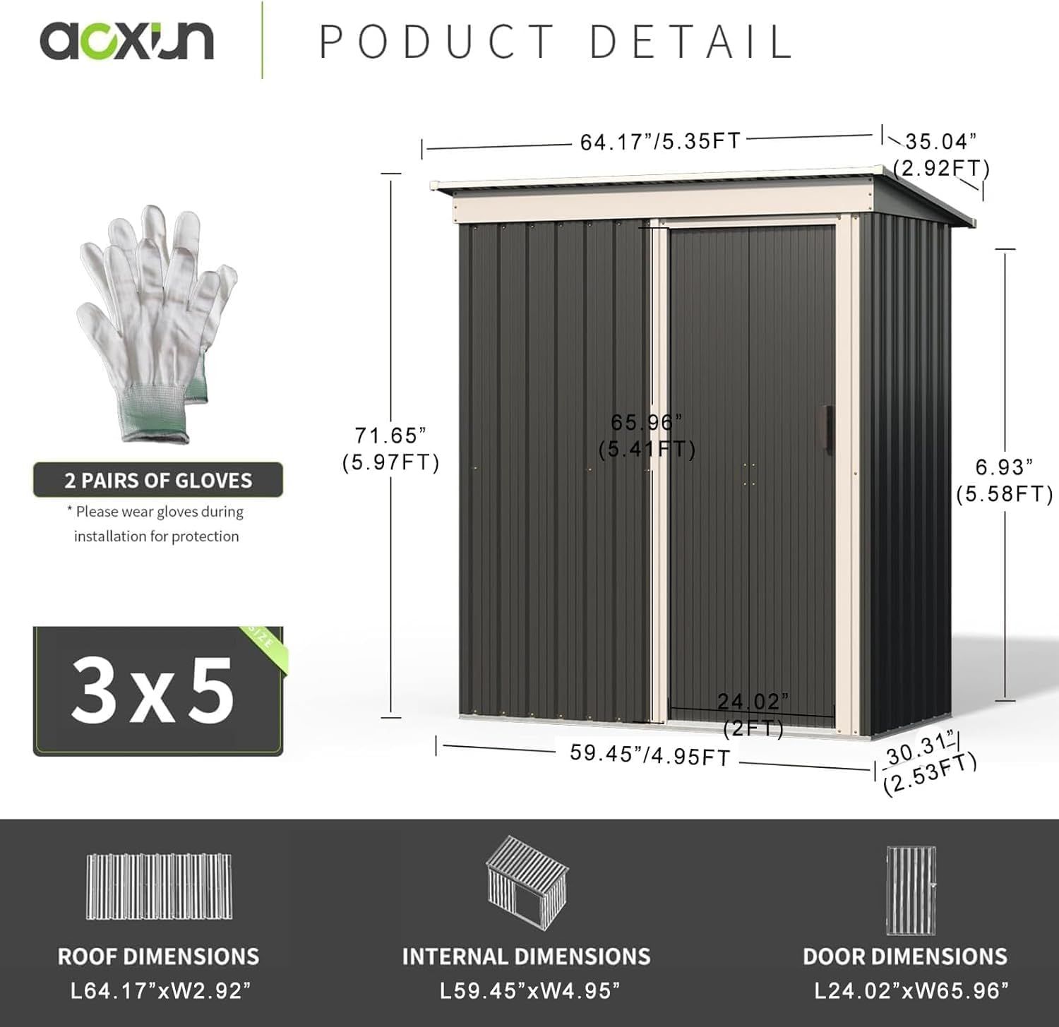 Aoxun 5x2.7 FT Outdoor Metal Storage Shed - Durable Water-Resistant Galvanized Steel, Sloping Roof Design, Lockable Door - Ideal for Tool Storage on Lawn, Patio & Backyard (Black)