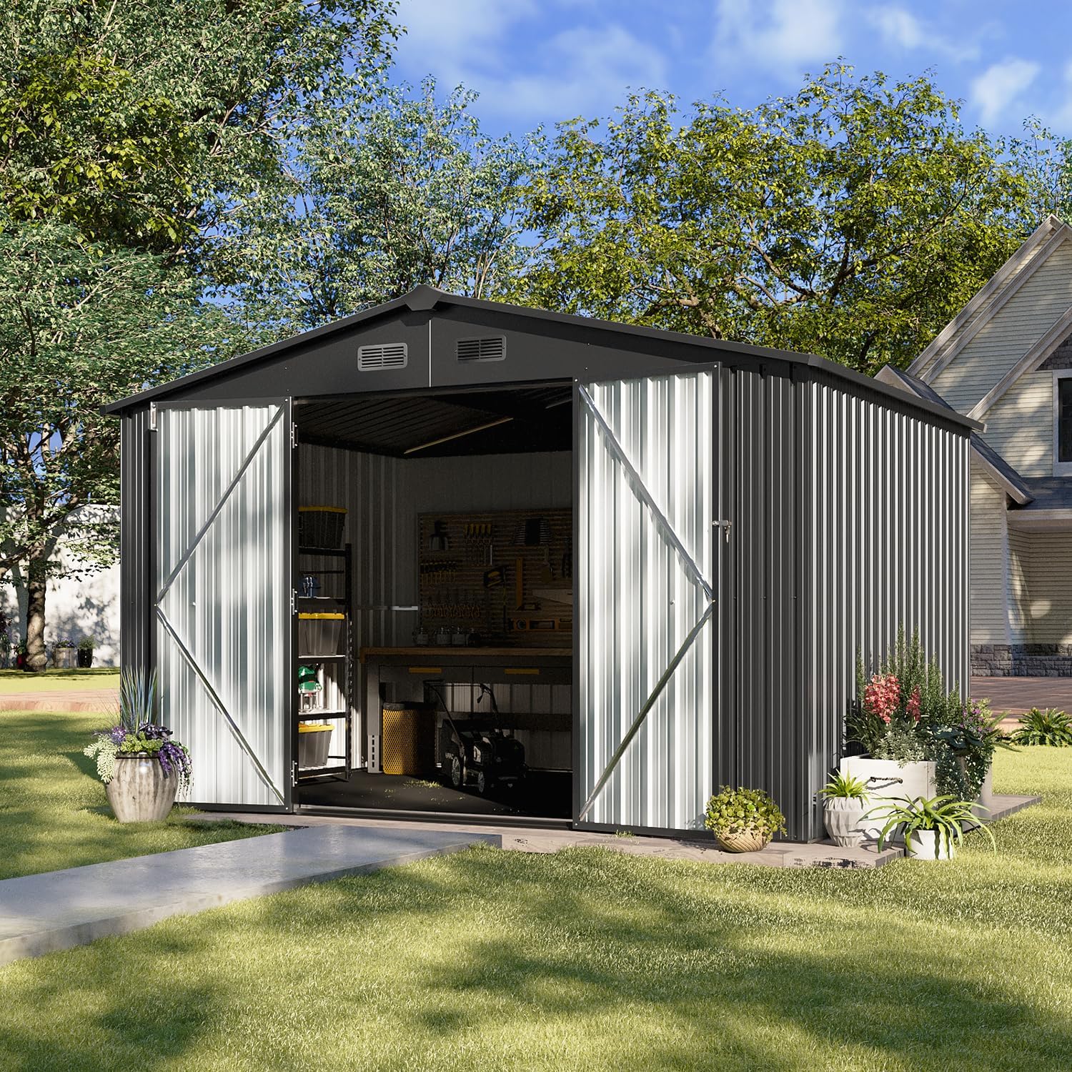 Aoxun 5x2.7 FT Outdoor Metal Storage Shed - Durable Water-Resistant Galvanized Steel, Sloping Roof Design, Lockable Door - Ideal for Tool Storage on Lawn, Patio & Backyard (Black)