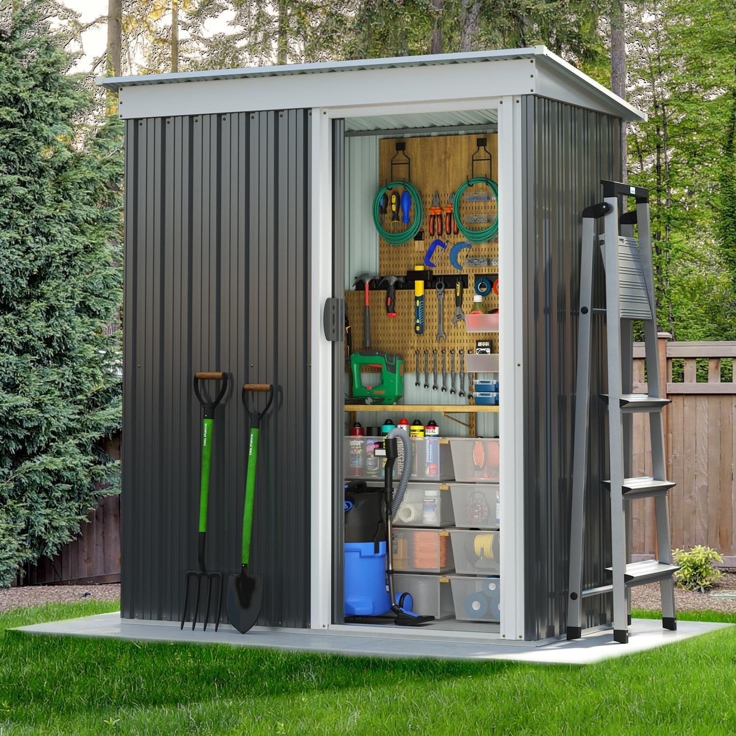 Aoxun 5x2.7 FT Outdoor Metal Storage Shed - Durable Water-Resistant Galvanized Steel, Sloping Roof Design, Lockable Door - Ideal for Tool Storage on Lawn, Patio & Backyard (Black)