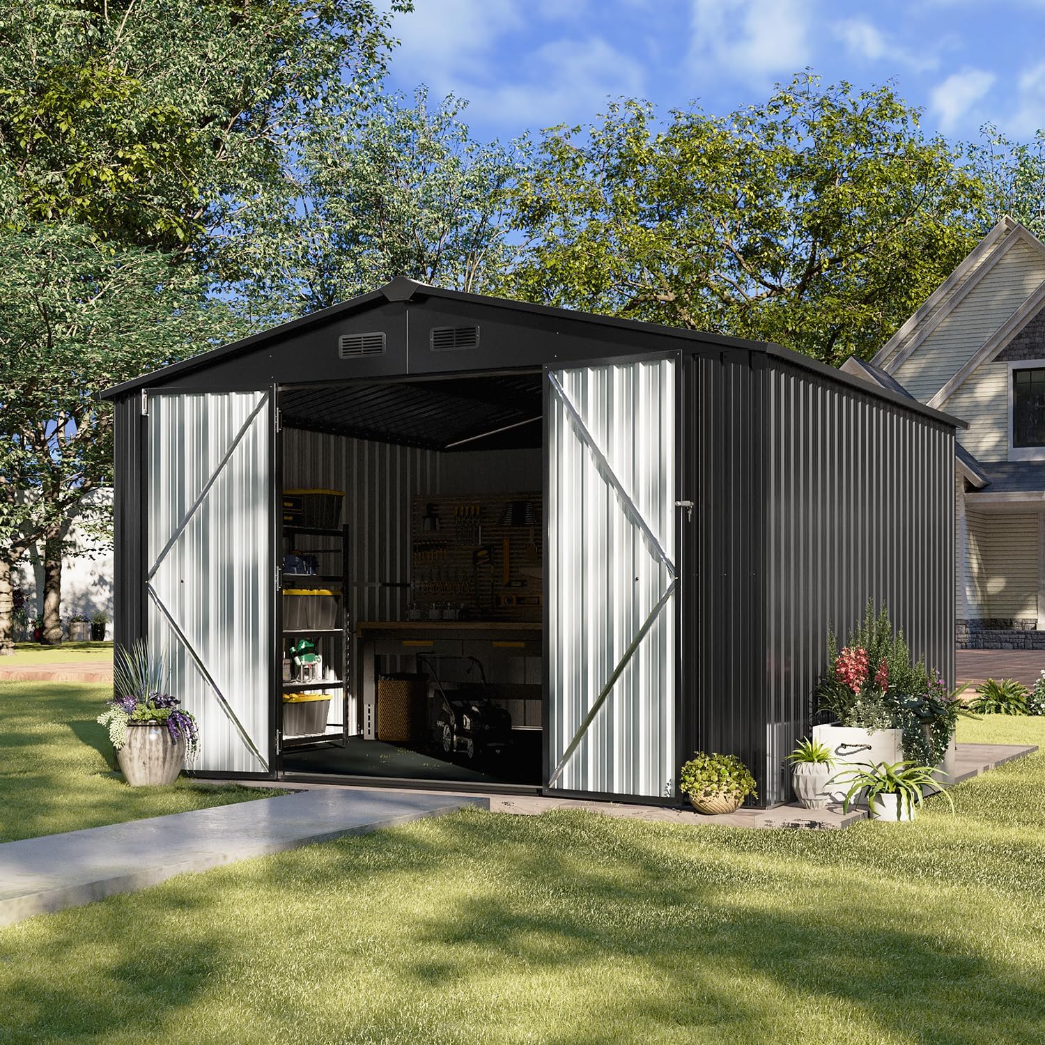 Aoxun 5x2.7 FT Outdoor Metal Storage Shed - Durable Water-Resistant Galvanized Steel, Sloping Roof Design, Lockable Door - Ideal for Tool Storage on Lawn, Patio & Backyard (Black)