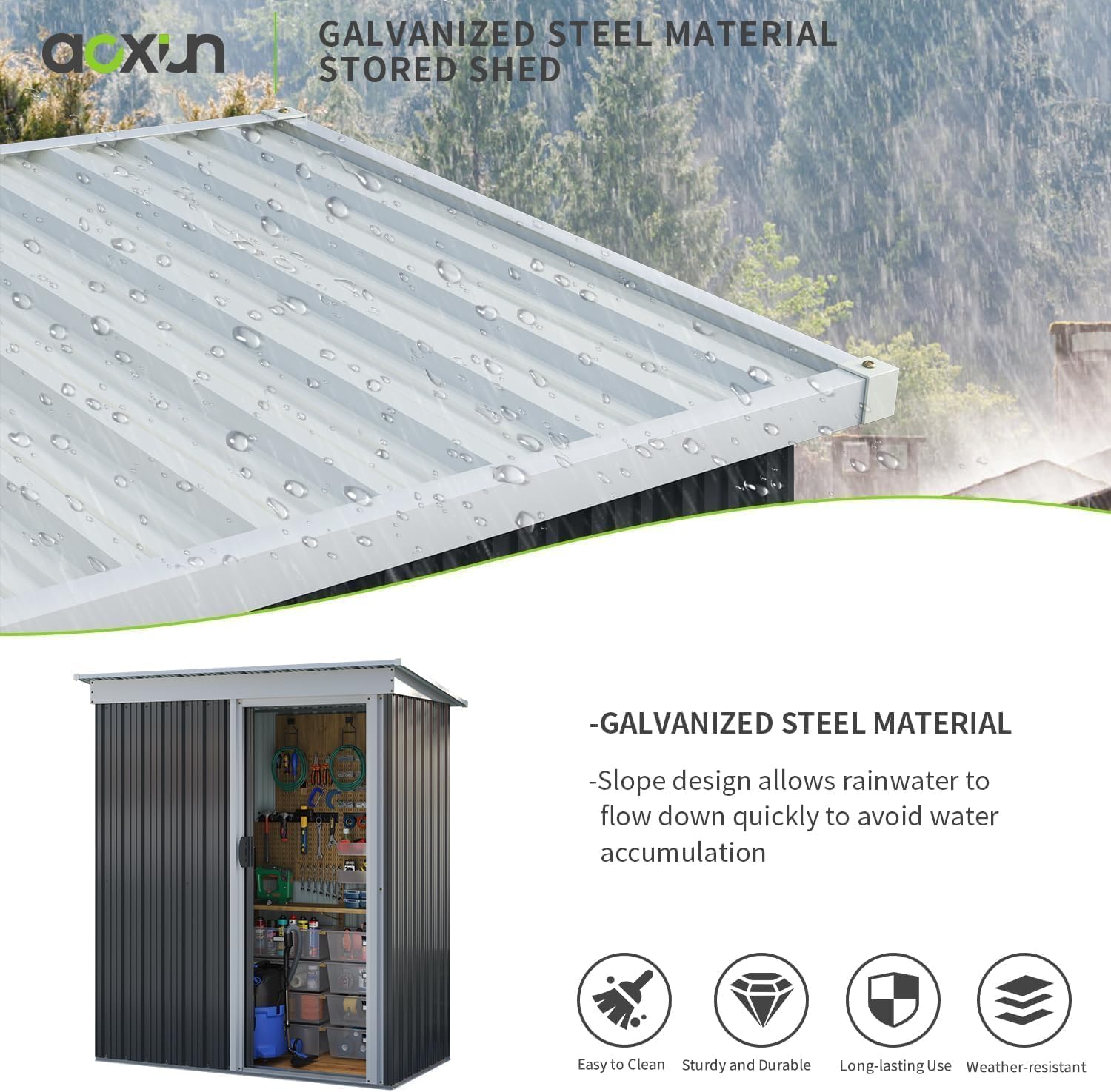 Aoxun 5x2.7 FT Outdoor Metal Storage Shed - Durable Water-Resistant Galvanized Steel, Sloping Roof Design, Lockable Door - Ideal for Tool Storage on Lawn, Patio & Backyard (Black)